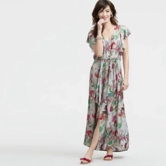 World Market Women's Floral Yasmine Maxi Dress Belted Ruffle Button Large / XL - Picture 1 of 6